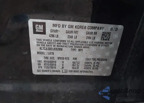 2020 Chevrolet Trax Fwd Lt z USA, uszkodzony, nr VIN KL7CJLSB2LB352898